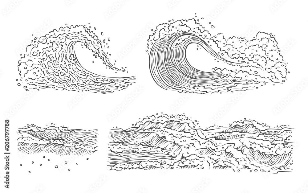 Vector sketch waves sea ocean. Big and small splash with foam and bubbles. Outline isolated set black white illustration. Vector sketch waves sea ocean. Big and small splash with foam and bubbles. Outline isolated set black white illustration.