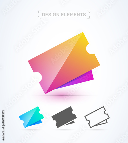 Vector ticket design elements. Music concert, movie, exhibition, event. Origami, material design, flat and line style