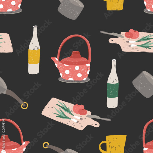 Colorful seamless pattern with kitchen utensils, cookware, tools for homemade...