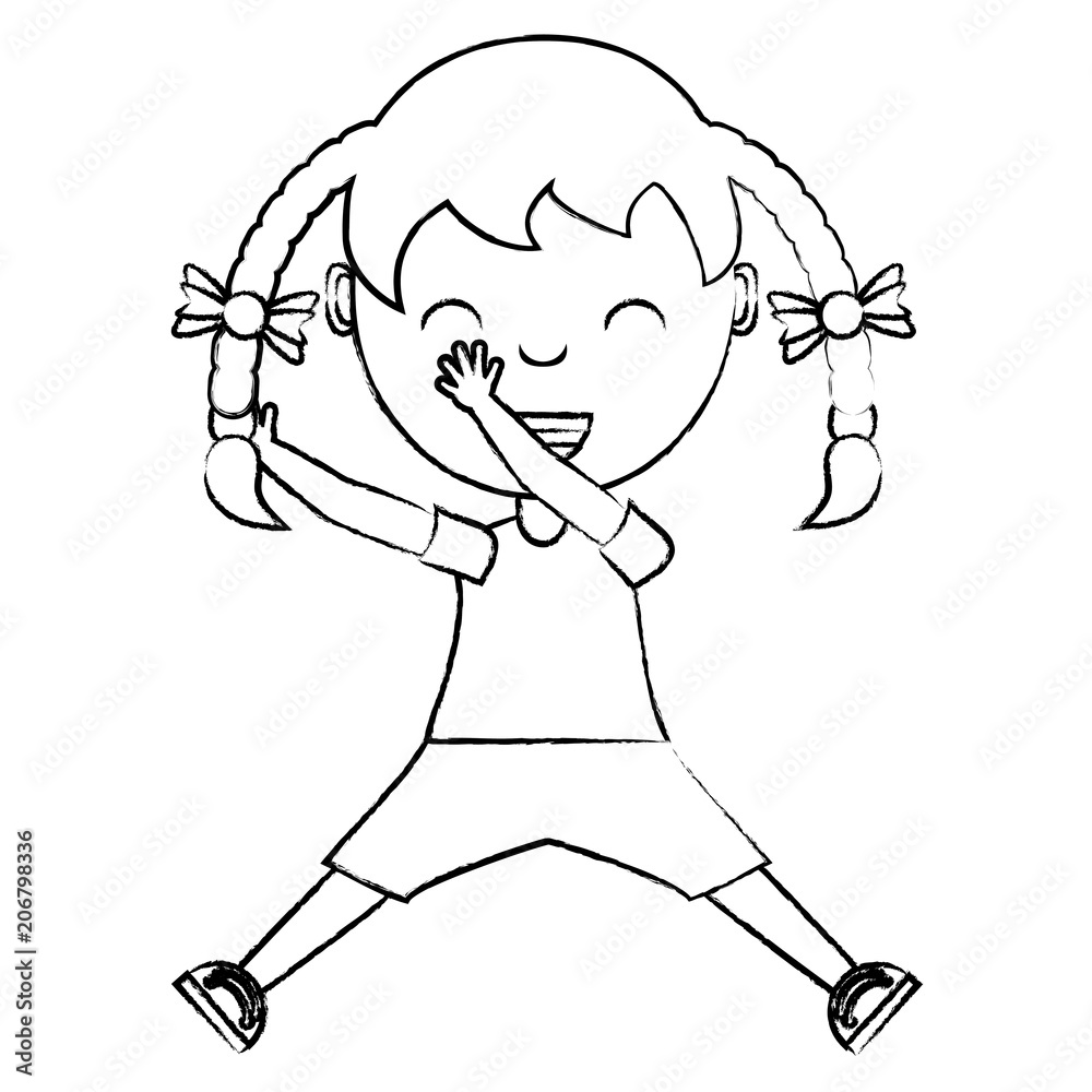 sketch of Cartoon happy girl with braids over white background, vector