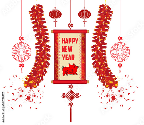 2019 Chinese New Year Greeting Card with scroll banner