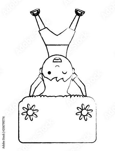 cartoon girl upside down with decorative banner over white background, vector illustration 