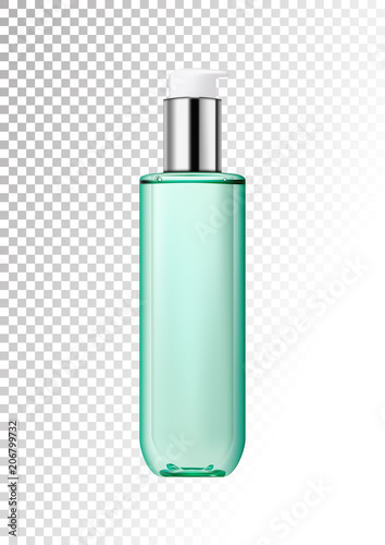 Realistic transparent plastic bottle with two-phase cosmetic product with pump dispenser.Package for tonic, lotion. Isolated object on a transparent background.Vector illustration.