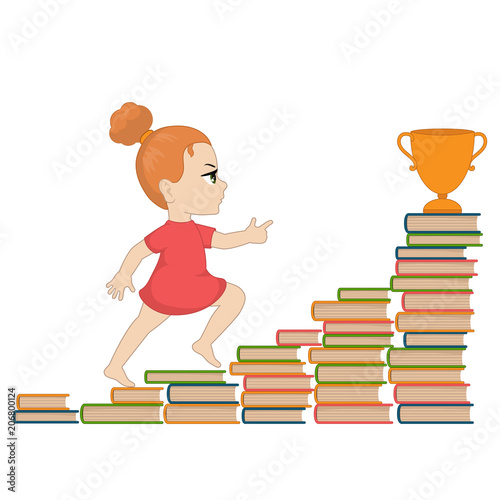 Girl going up the stairs of books.