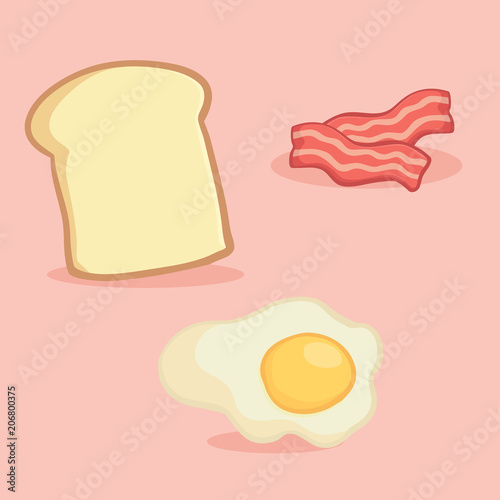 Breakfast Food Set Vector Illustration Cartoon. Bacon, Sunny Side Up Fried Egg, Loaf Bread.