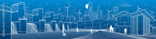 Futuristic City life infrastructure. Industrial energy illustration panorama. Hydro power plant. River Dam. People walking. Modern houses. Airplane fly. White lines, blue background. Vector design art