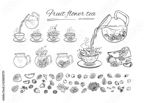 Vector tea constructor herbs and fruits brew procedure. Sequence make hot or cold aromatic drink with blossoming tea, berries and leaves. Sketch set collection black white hand drawn illustration