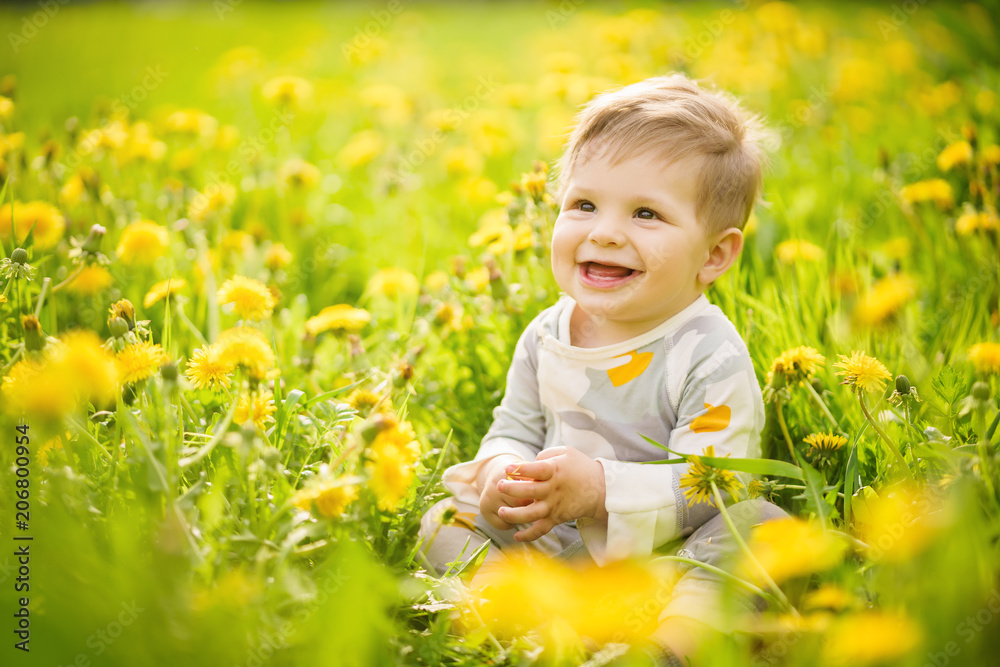 Concept: family values. Portrait of adorable innocent brown-eyed baby playing outdoor in the sunny dandelions field and making funny faces. Concept: family values. Portrait of adorable innocent brown-eyed baby playing outdoor in the sunny dandelions field and making funny faces.