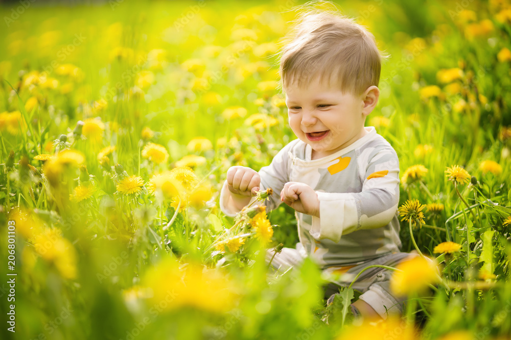Concept: family values. Portrait of adorable innocent funny brown-eyed baby playing outdoor in the sunny dandelions field. Concept: family values. Portrait of adorable innocent funny brown-eyed baby playing outdoor in the sunny dandelions field.