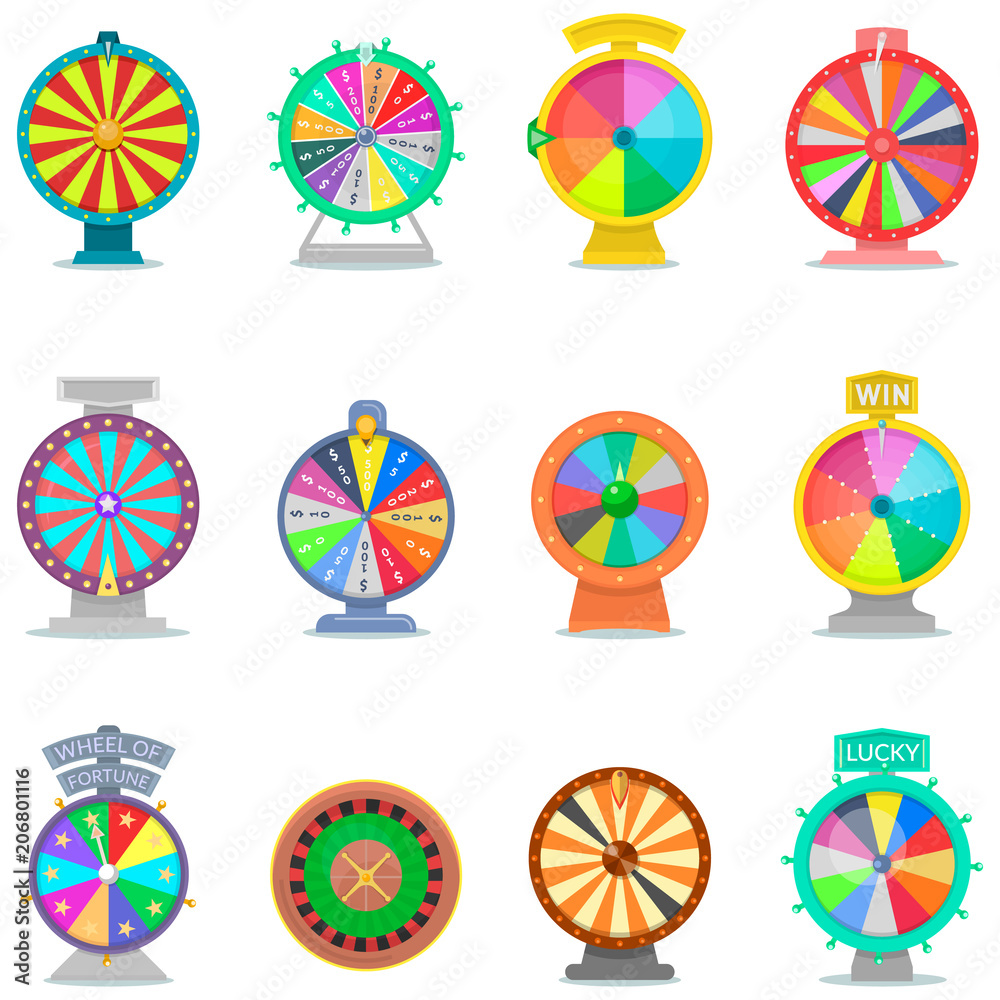 Fortune wheel vector spin game icons casino roulette with arrow lucky  winner or bankrupt in fortunate wheeled lottery bet set illustration  isolated on white background Stock Vector | Adobe Stock
