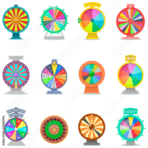 Fortune wheel vector spin game icons casino roulette with arrow lucky winner or bankrupt in fortunate wheeled lottery bet set illustration isolated on white background