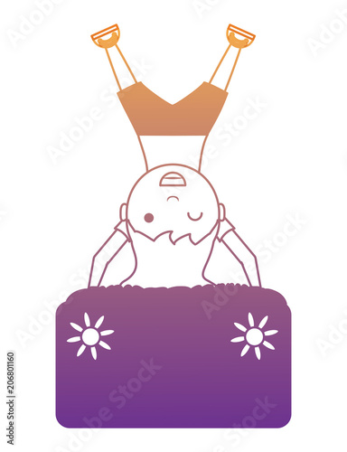 cartoon girl upside down with decorative banner over white background, vector illustration 