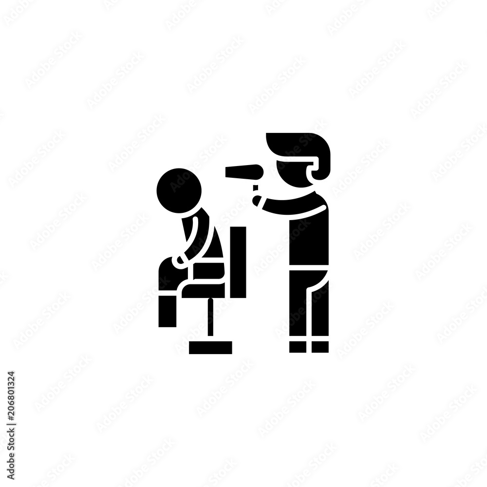 Drying hair black icon concept. Drying hair flat vector symbol, sign, illustration. Drying hair black icon concept. Drying hair flat vector symbol, sign, illustration.