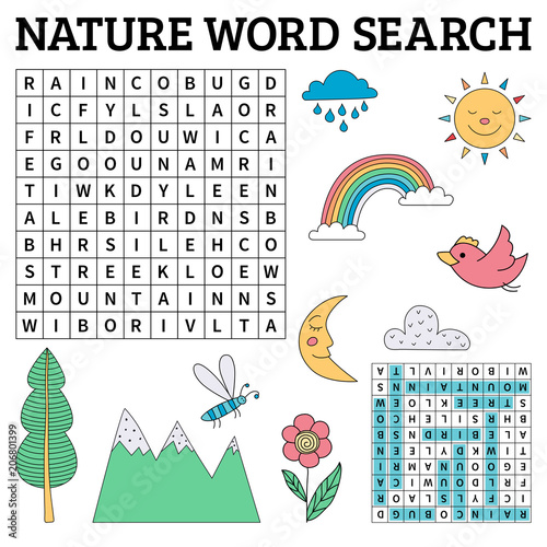 Nature word search game for kids in vector