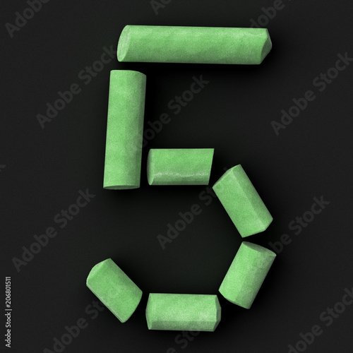 mathematical digit 5 on rough blackboard, 3D rendered font image