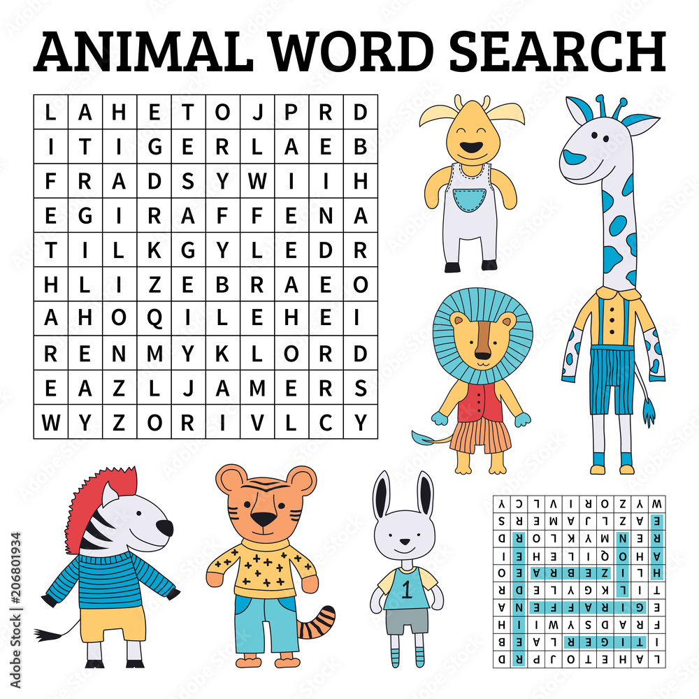 Animal word search game for kids Stock Vector | Adobe Stock