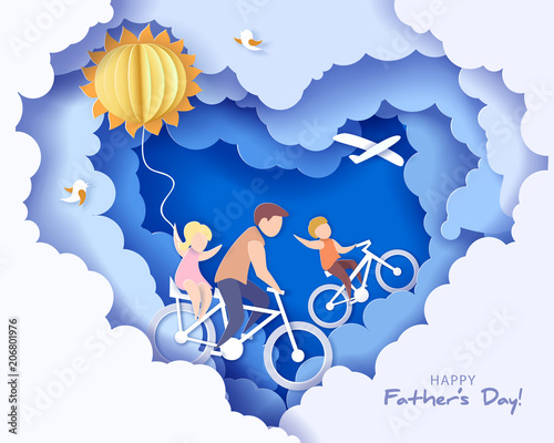 Handsome man and his children bicycling with air balloons. Happy fathers day card. Paper cut style. Vector illustration