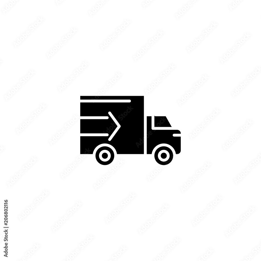 Fast truck delivery black icon concept. Fast truck delivery flat  vector symbol, sign, illustration.