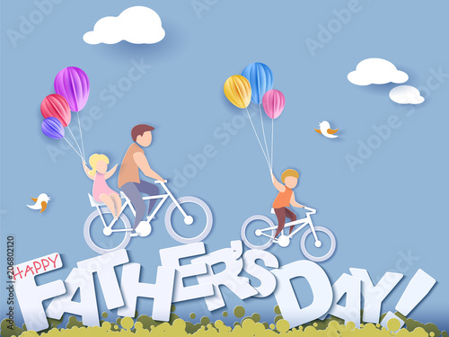 Handsome man and his children bicycling with air balloons. Happy fathers day card. Paper cut style. Vector illustration