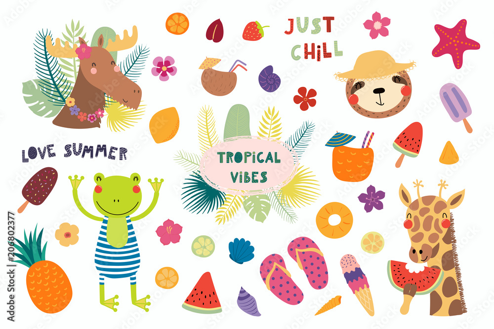 Big set of cute funny animals and summer design elements and quotes. Isolated objects on white background. Vector illustration. Scandinavian style flat design. Concept for children print. Big set of cute funny animals and summer design elements and quotes. Isolated objects on white background. Vector illustration. Scandinavian style flat design. Concept for children print.