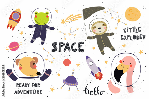 Big set of cute funny animal astronauts in space, with planets, stars, quotes. Isolated objects on white background. Vector illustration. Scandinavian style flat design. Concept for children print.