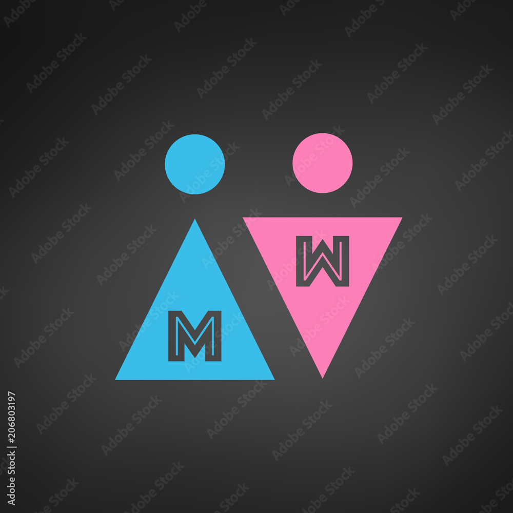 Two Vector Icons with letters. Male and Female Gender Signs. Men and Women. Blue and pink colors. vector illustration isolated on black background. Two Vector Icons with letters. Male and Female Gender Signs. Men and Women. Blue and pink colors. vector illustration isolated on black background.