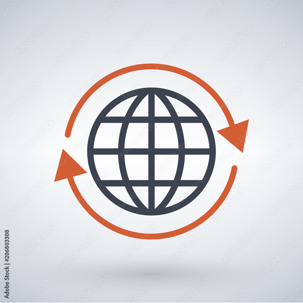 orange arrows around planet earth globe, vector illustration isolated on white background. orange arrows around planet earth globe, vector illustration isolated on white background.