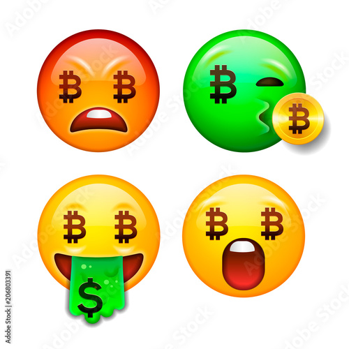 Bitcoin emoji, crypto currency character set with different emotions, vector illustration
