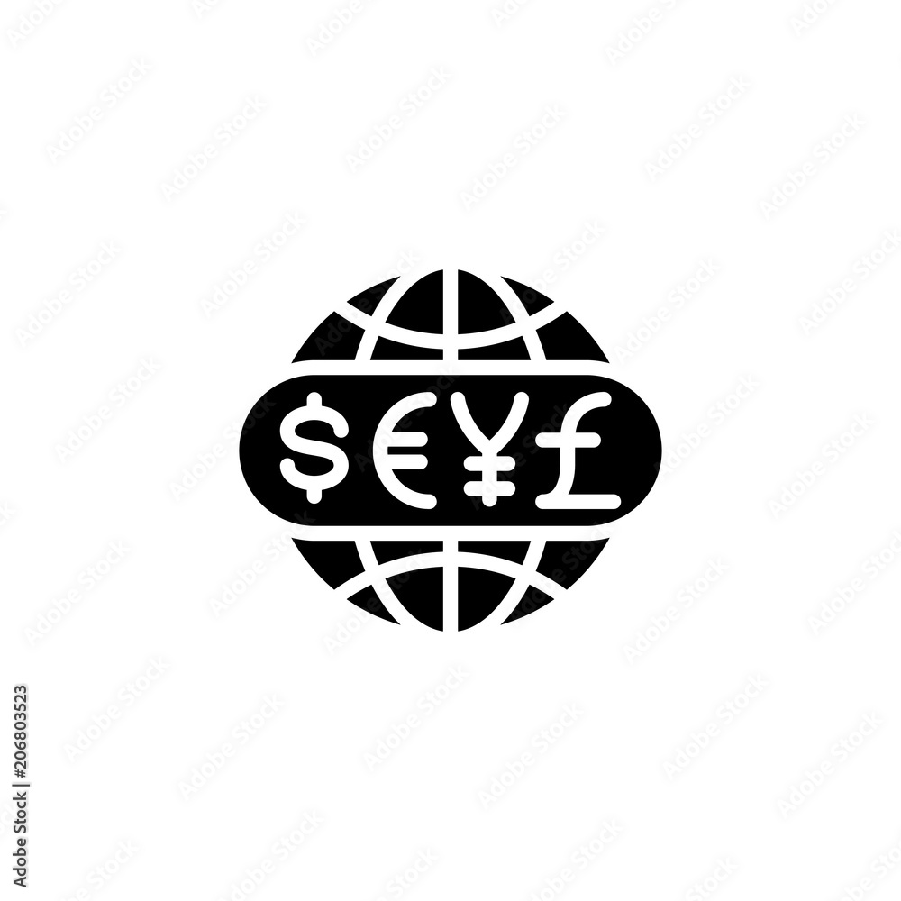 Global currencies black icon concept. Global currencies flat vector symbol, sign, illustration. Global currencies black icon concept. Global currencies flat vector symbol, sign, illustration.