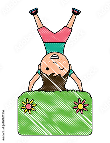 cartoon girl upside down with decorative banner over white background, vector illustration 