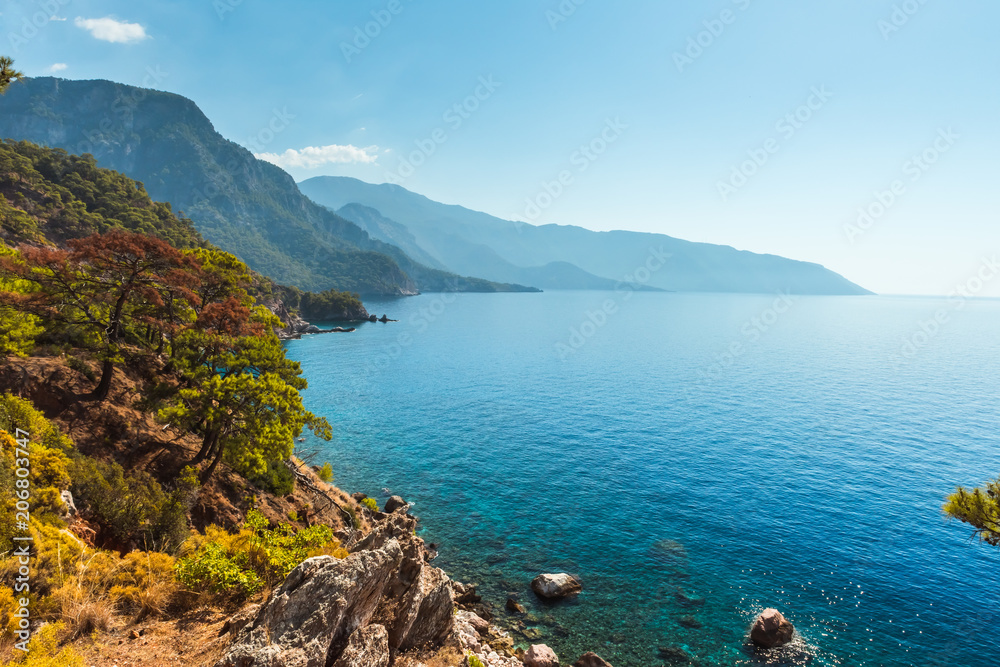 Coastline at Mediterranean sea near Fethiye Kabak Turkey - obrazy, fototapety, plakaty 