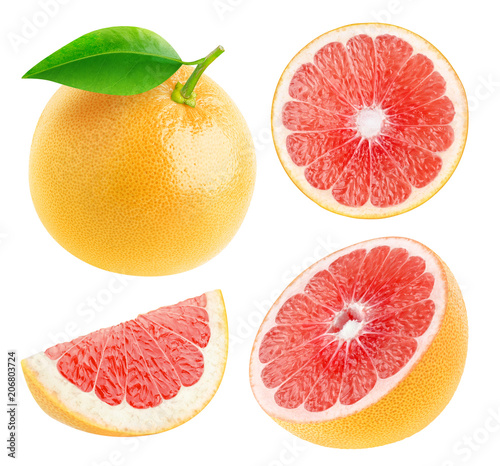 Isolated grapefruits. Collection of whole and cut fresh grapefruits isolated on white background with clipping path