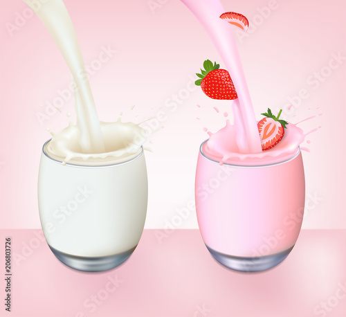 Pouring milk and strawberries into glass with a splash on pink background template. Vector set of fruit element for advertising, packaging design of strawberry products.