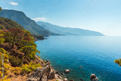 Fototapeta Naklejka Na Ścianę i Meble -  Coastline at Mediterranean sea near Fethiye Kabak Turkey