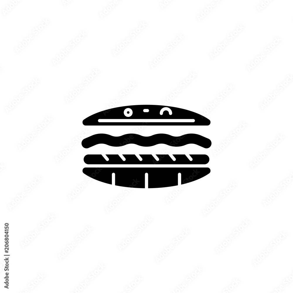 Hamburger black icon concept. Hamburger flat vector symbol, sign, illustration. Hamburger black icon concept. Hamburger flat vector symbol, sign, illustration.