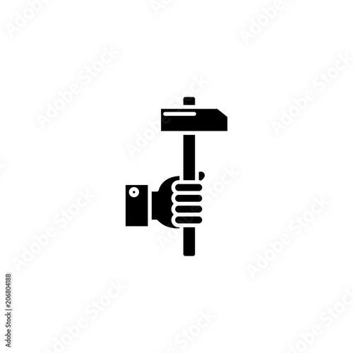 Hammer in hand black icon concept. Hammer in hand flat  vector symbol  sign  illustration.