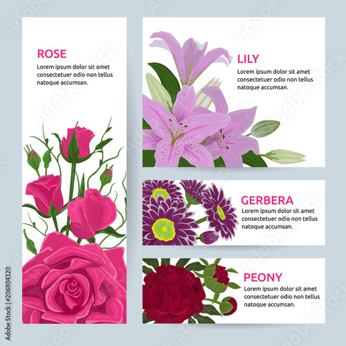 Floral flower card invitation vector set greeting postcard with flowering bou...