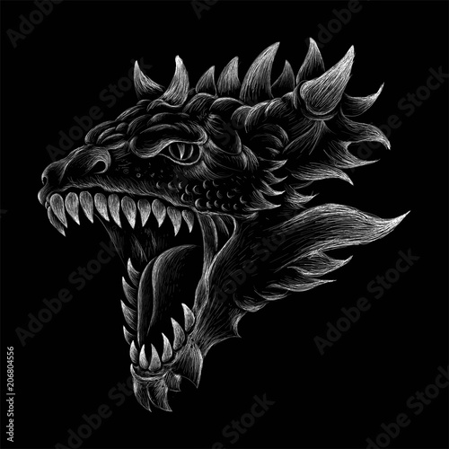 The Vector logo dragon for T-shirt design or outwear.  Hunting style dragon background.