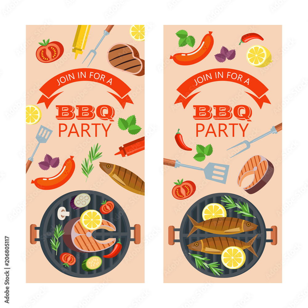Barbecue party. Grilled fish and vegetables. Vector illustration. Invitation.