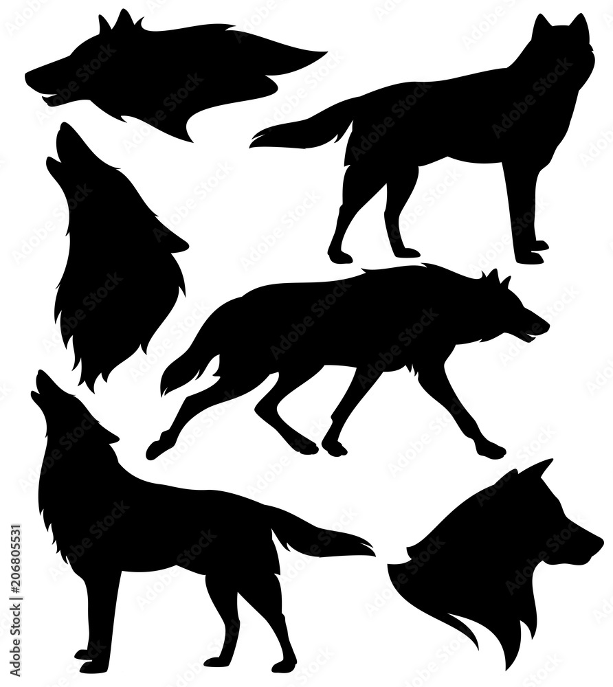 Naklejka premium zestaw sylwetka wilka - czarny wektor wzór biegających, wyjących i stojących zwierząt