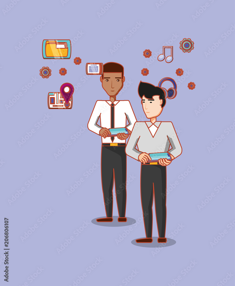 cartoon men with social media related icons over purple background, colorful design. vector illustration cartoon men with social media related icons over purple background, colorful design. vector illustration