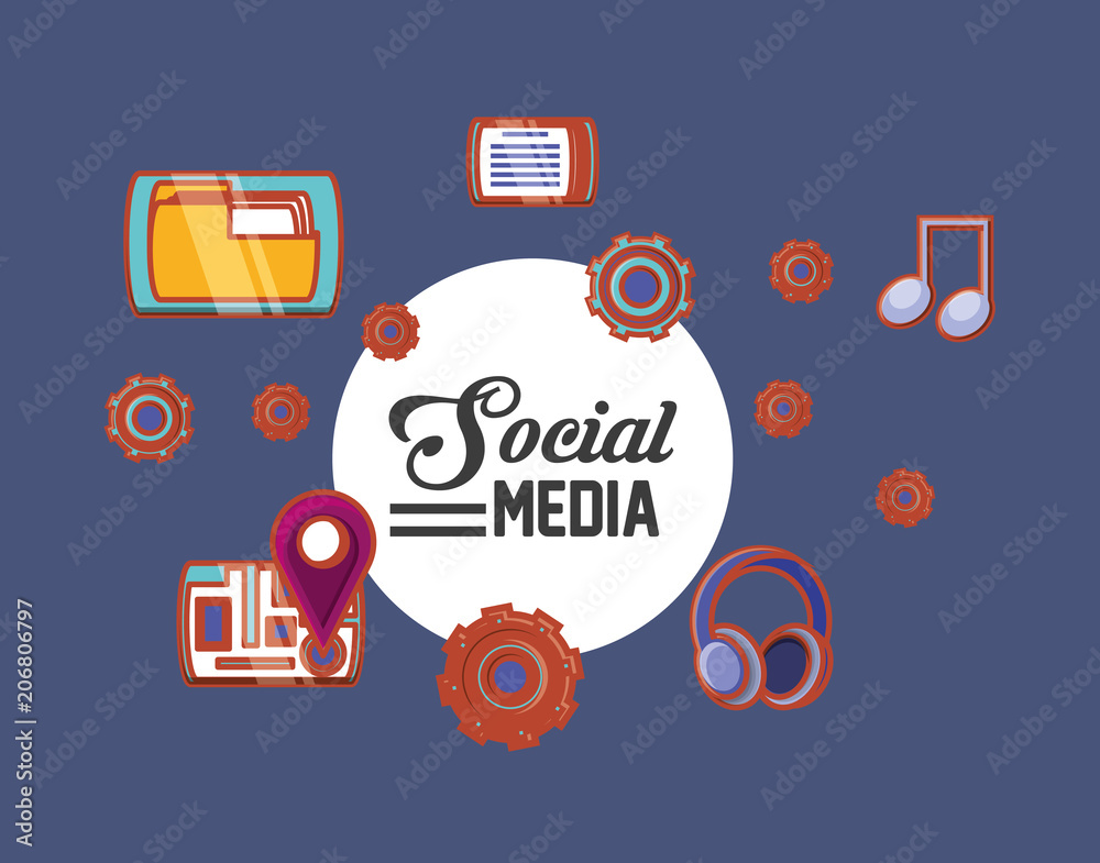 folder and social media related icons over purple background, colorful design. vector illustration