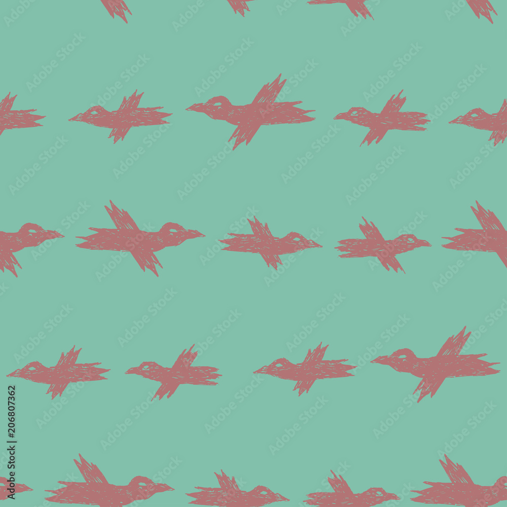 Vector seamless cartoon pattern with pink sketch crows on blue for print, textile, hardcover, bag, mug Vector seamless cartoon pattern with pink sketch crows on blue for print, textile, hardcover, bag, mug