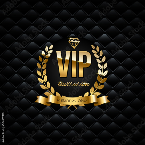 Vector golden ribbon, laurel wreath and VIP invitation text on black luxury background. VIP invitation design template. 