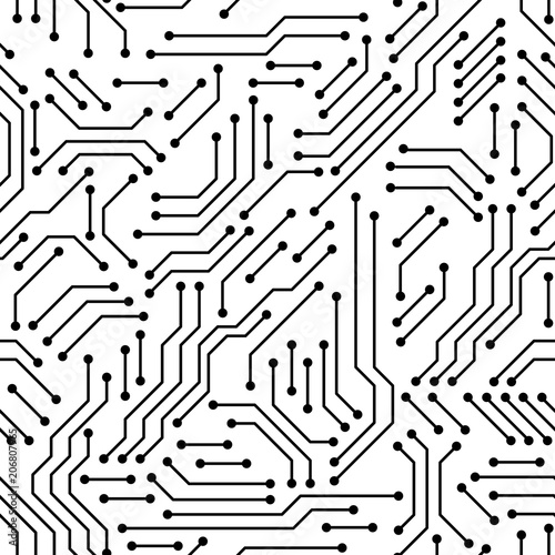 Printed circuit board black and white computer technology seamless pattern, vector