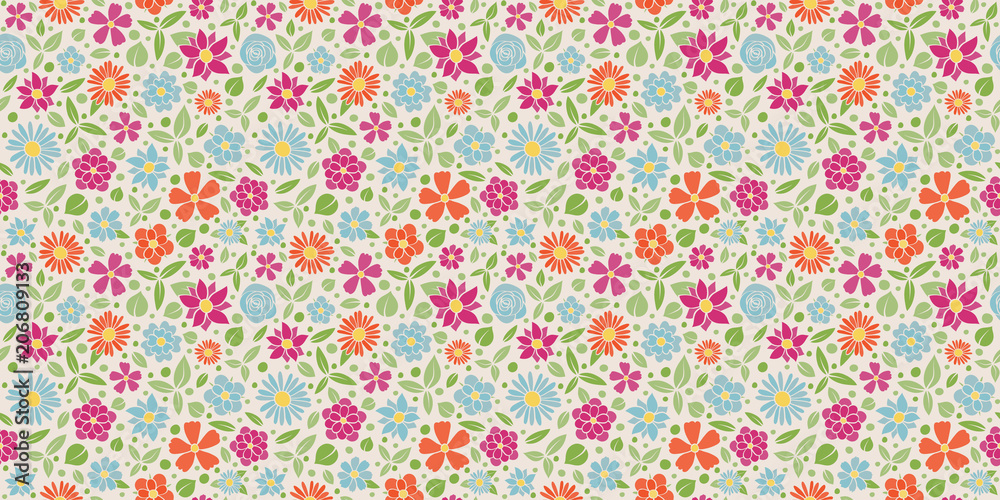 Pattern with hand drawn flowers in retro style. Mother's Day, Woman's Day and Valentine's Day. Vector..