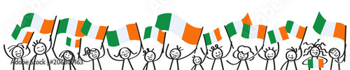 Cheering crowd of happy stick figures with Irish national flags, smiling Ireland supporters, sports fans isolated on white background