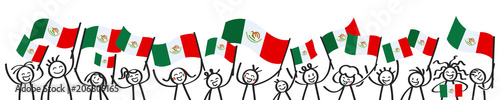 Cheering crowd of happy stick figures with Mexican national flags, smiling Mexico supporters, sports fans isolated on white background