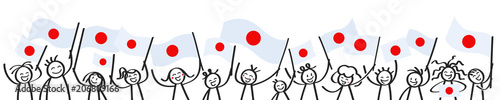 Cheering crowd of happy stick figures with Japanese national flags, smiling Japan supporters, sports fans isolated on white background