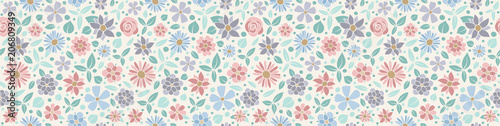 Cute header with pastel coloured flowers - seamless texture. Vector.